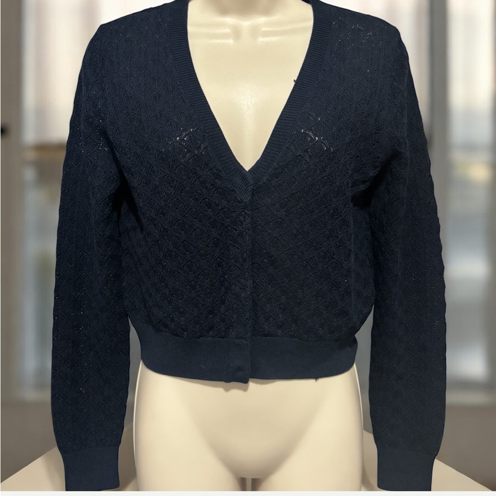 J.Crew Crochet Knit Cropped Cardigan Blue Open Weave Sweater Sz Small